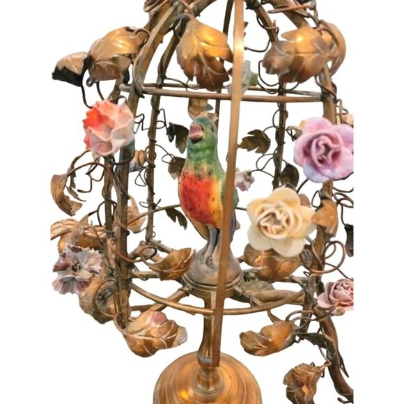 Antique French Tole 2 Arm Candelabra Bird Cage Lamp With Porcelain Flowers & Sil - Picture 3 of 6